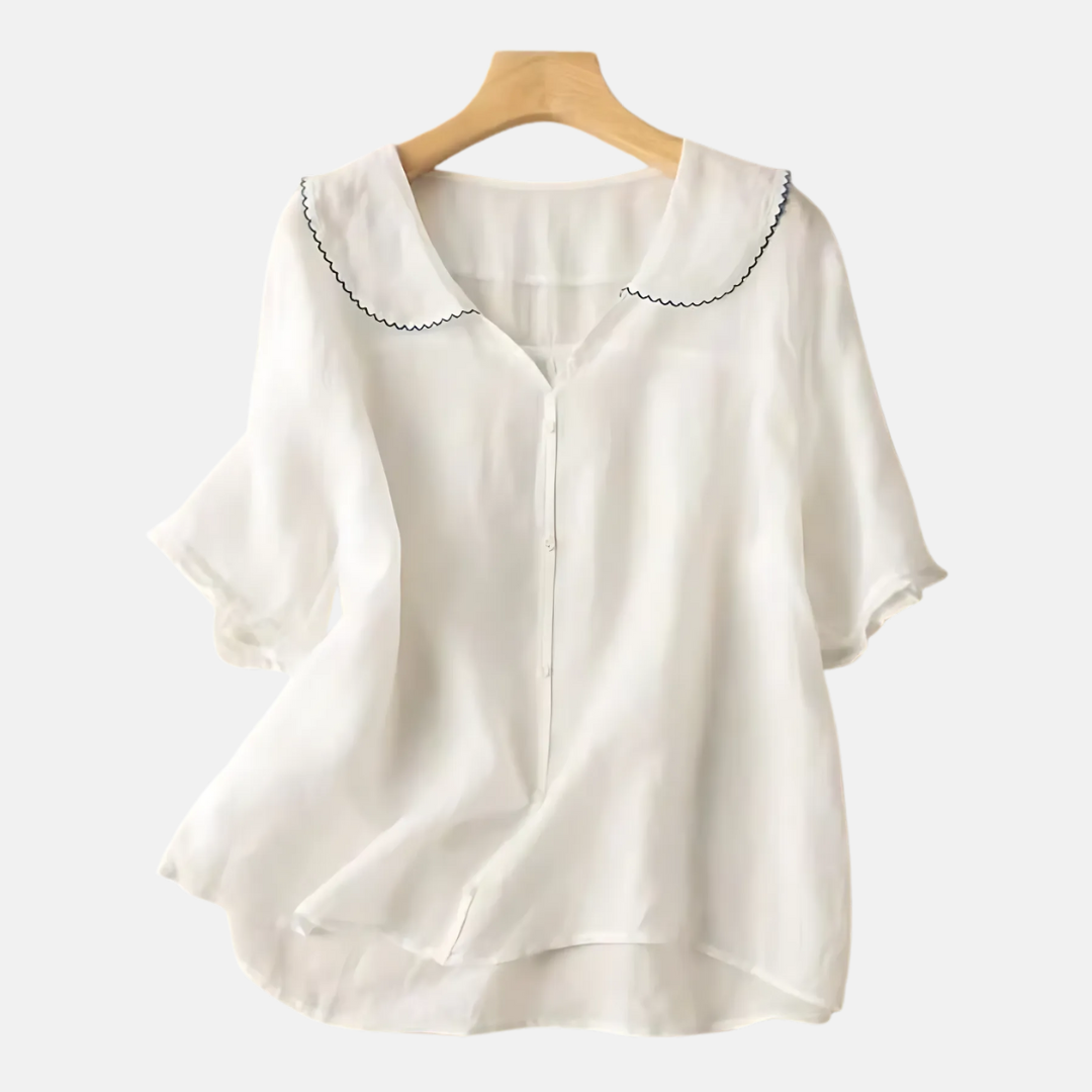 Ladies' Retro Cotton and Linen Shirt with Peter Pan Collar