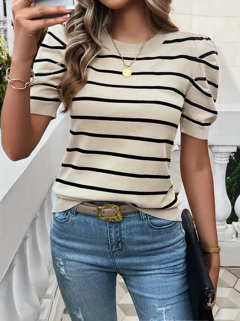 Ladies' T-shirt with Stripes and Puffed Sleeves