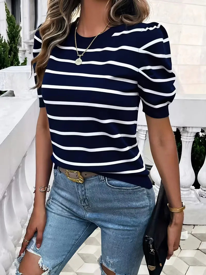 Ladies' T-shirt with Stripes and Puffed Sleeves