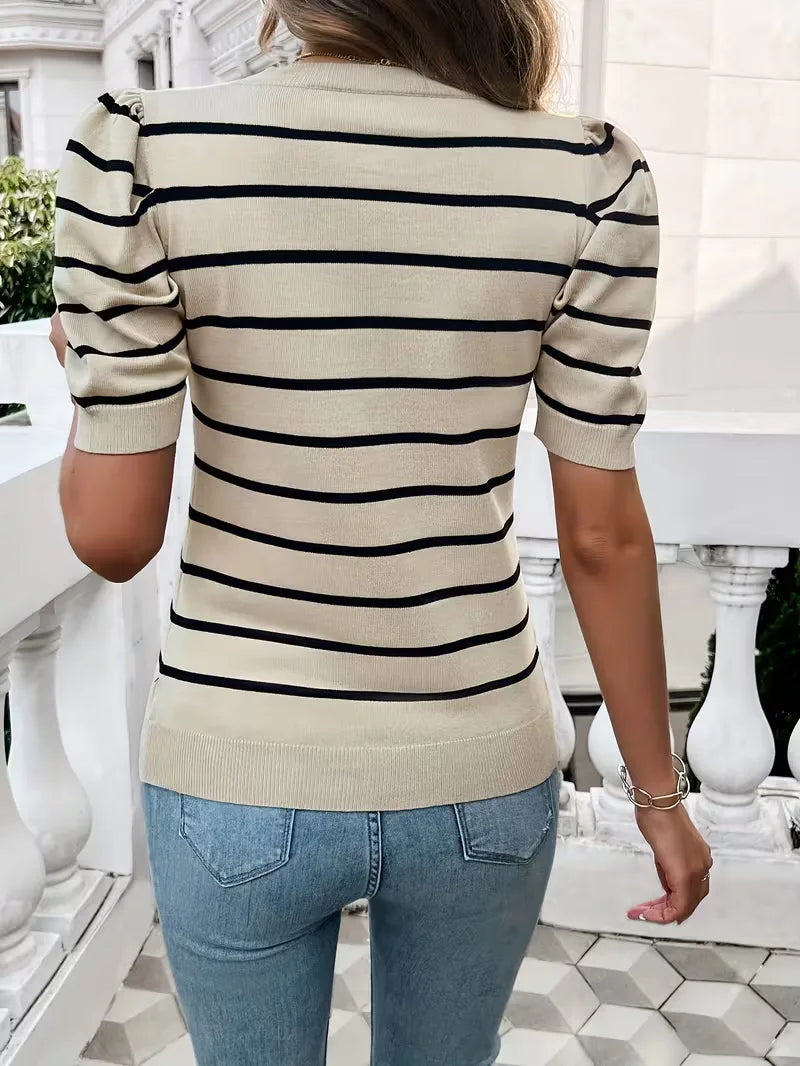 Ladies' T-shirt with Stripes and Puffed Sleeves