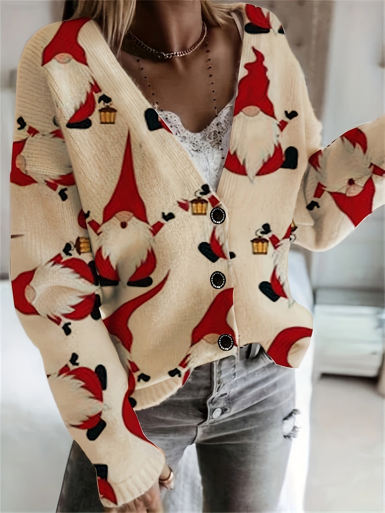 Lara | Cosy Santa Print Cardigan with Long Sleeves and V-Neck