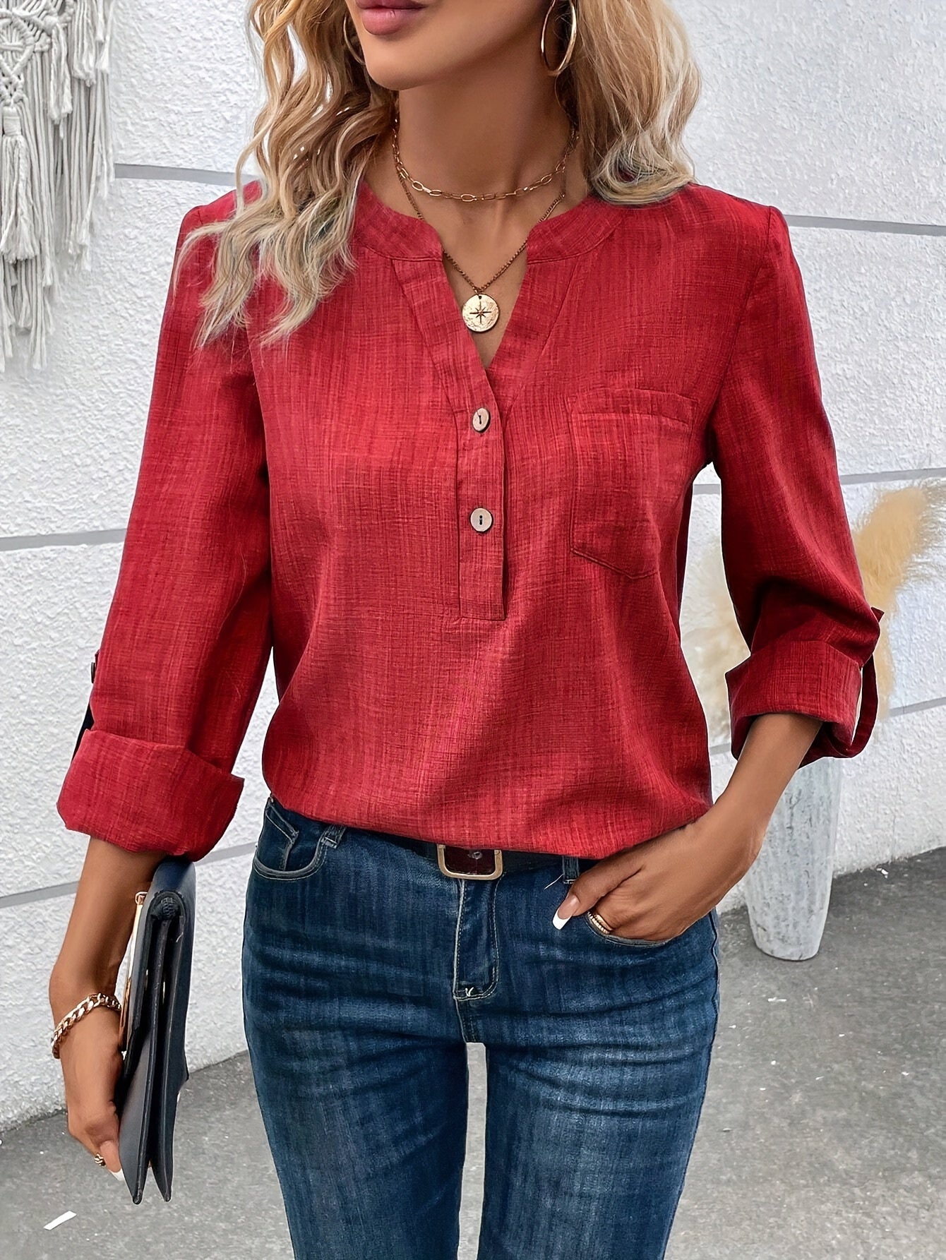 Lara | Crocheted Neck Button Blouse with Long Sleeves