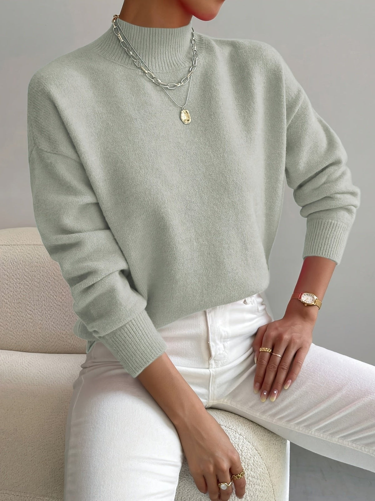 Ladies Oversized Jumper with Half Turtle Neck and Ribbed Edges