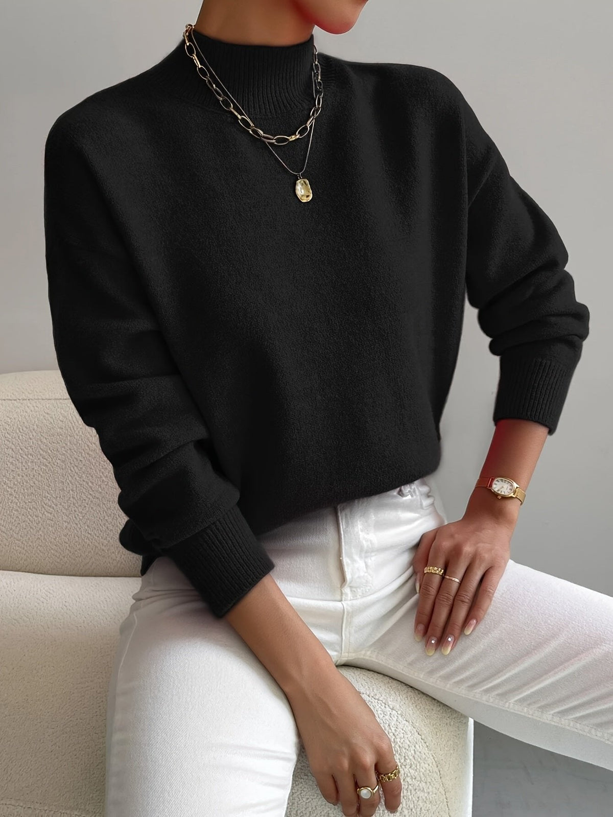 Ladies Oversized Jumper with Half Turtle Neck and Ribbed Edges