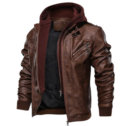 Leather Jacket with Lining and Hood for Men