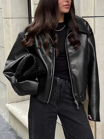 Leather jacket with wide collar