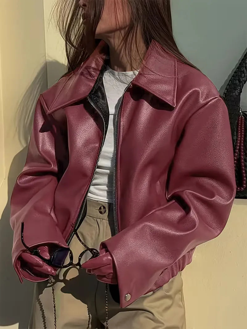 Leather jacket with wide collar