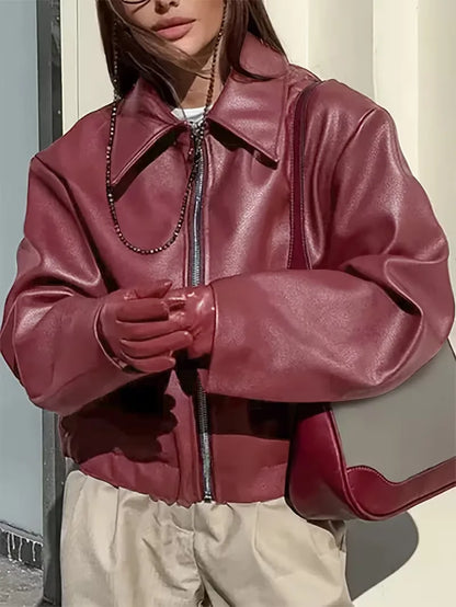 Leather jacket with wide collar