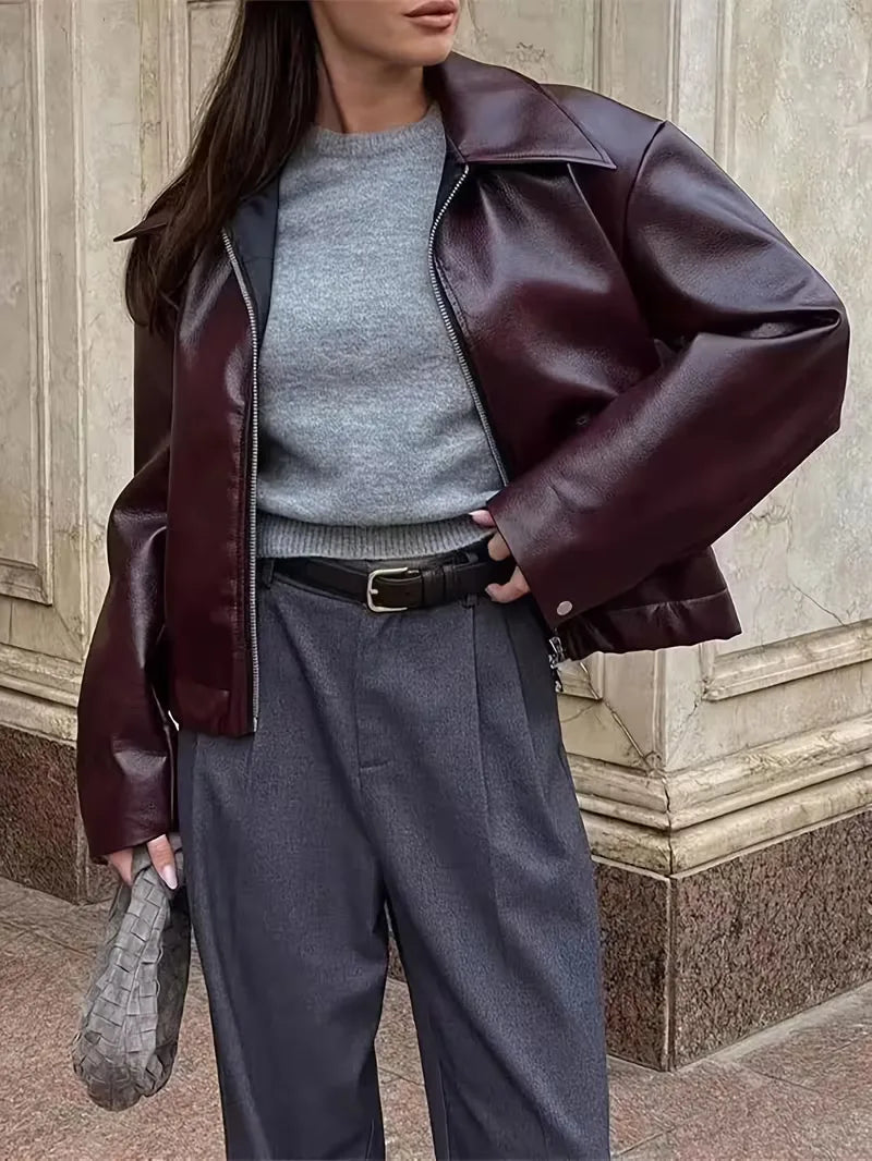 Leather jacket with wide collar