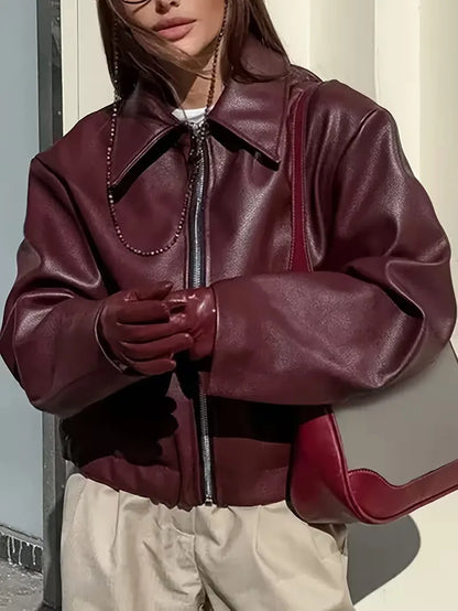 Leather jacket with wide collar