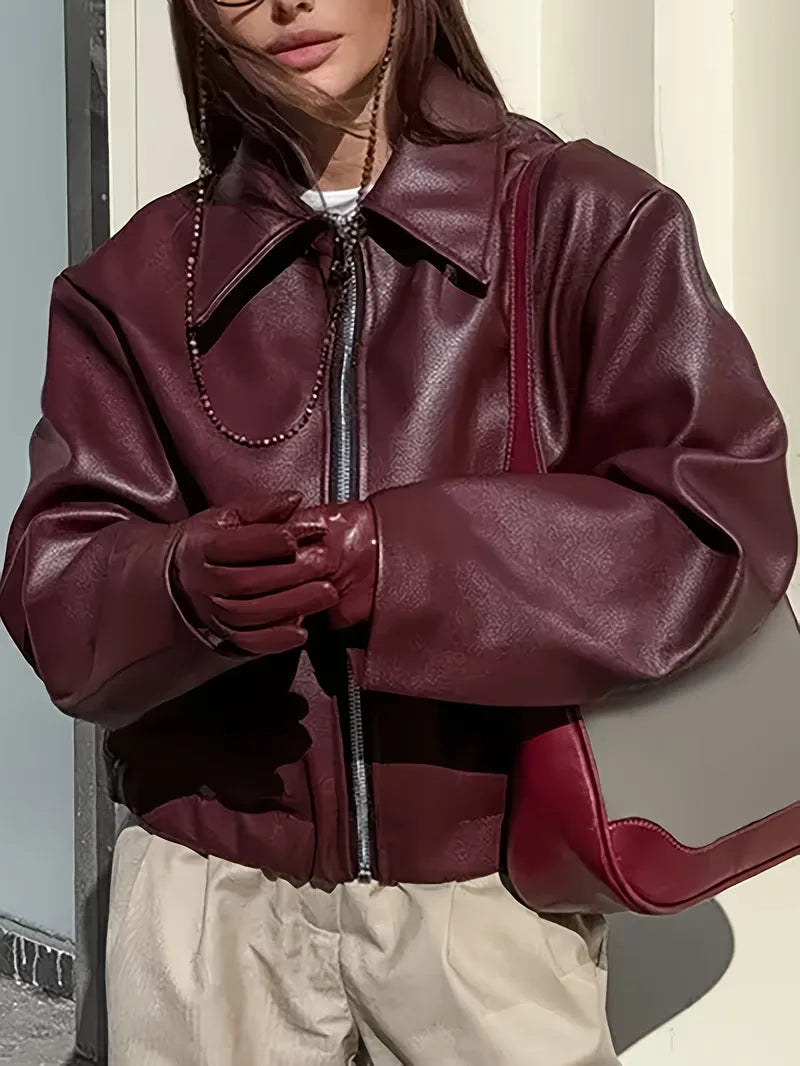 Leather jacket with wide collar