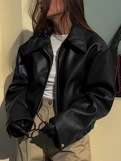 Leather jacket with wide collar