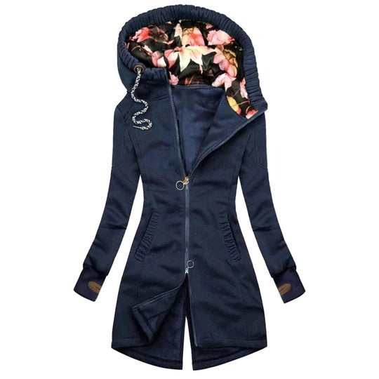 Casaco feminino de comprimento médio com capuz – ideal para a primavera