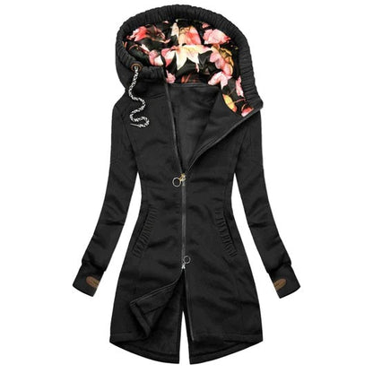 Casaco feminino de comprimento médio com capuz – ideal para a primavera