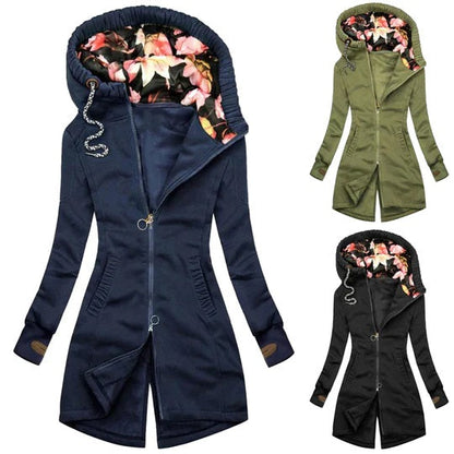 Casaco feminino de comprimento médio com capuz – ideal para a primavera