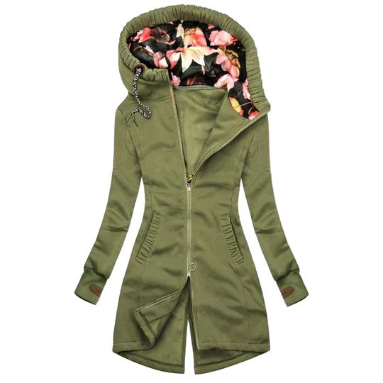 Casaco feminino de comprimento médio com capuz – ideal para a primavera