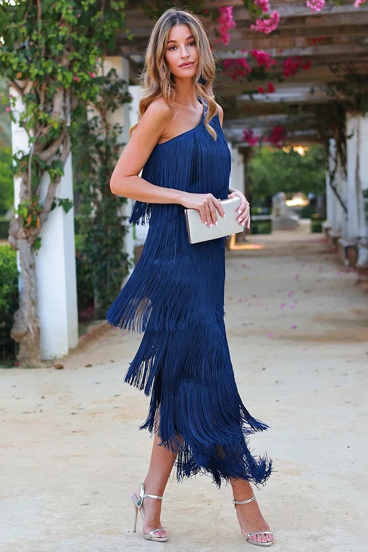 One Shoulder Fringe Dress with Fringes for Women