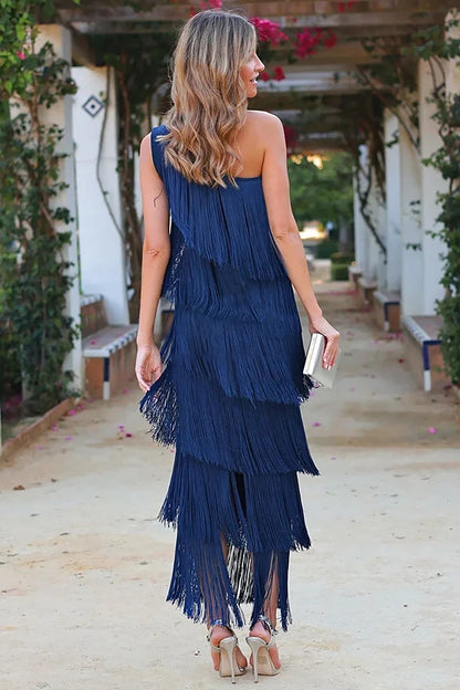 One Shoulder Fringe Dress with Fringes for Women