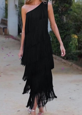 One Shoulder Fringe Dress with Fringes for Women