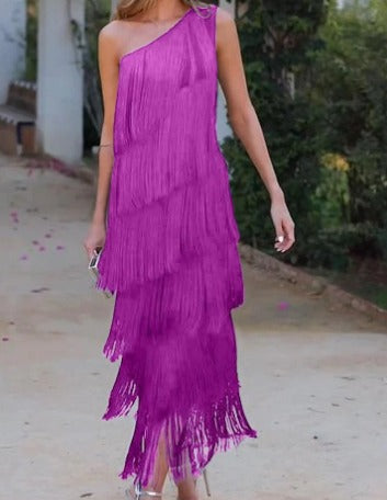 One Shoulder Fringe Dress with Fringes for Women