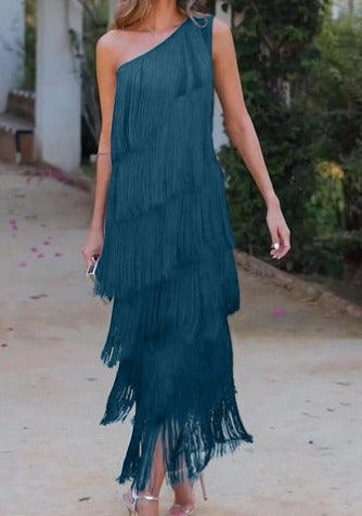 One Shoulder Fringe Dress with Fringes for Women