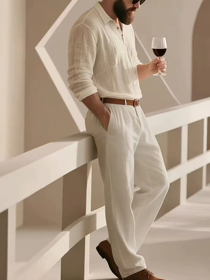 Linen suit with mandarin collar