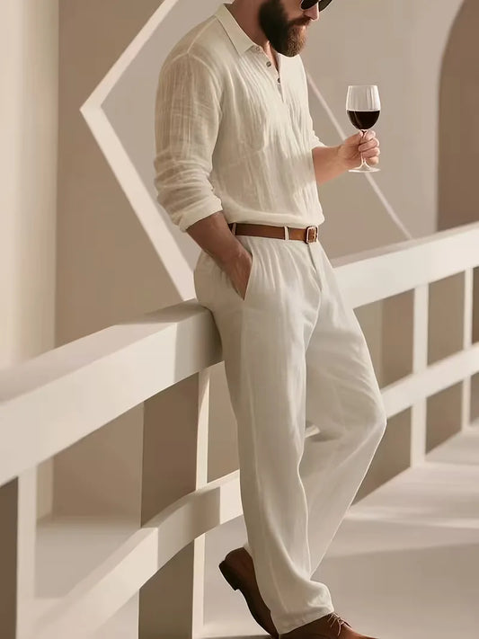 Linen suit with mandarin collar