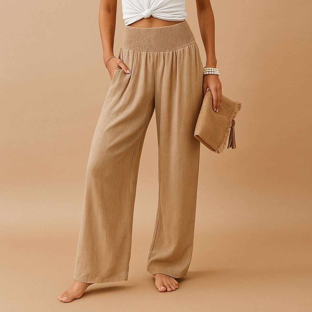 Elegante Leinenhose für Damen mit hohem Bund und elastischem Taillenbund