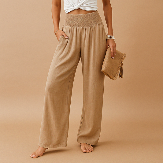 Pantalones elegantes de lino para mujer con cintura alta y banda elástica