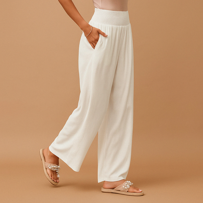 Elegante Leinenhose für Damen mit hohem Bund und elastischem Taillenbund