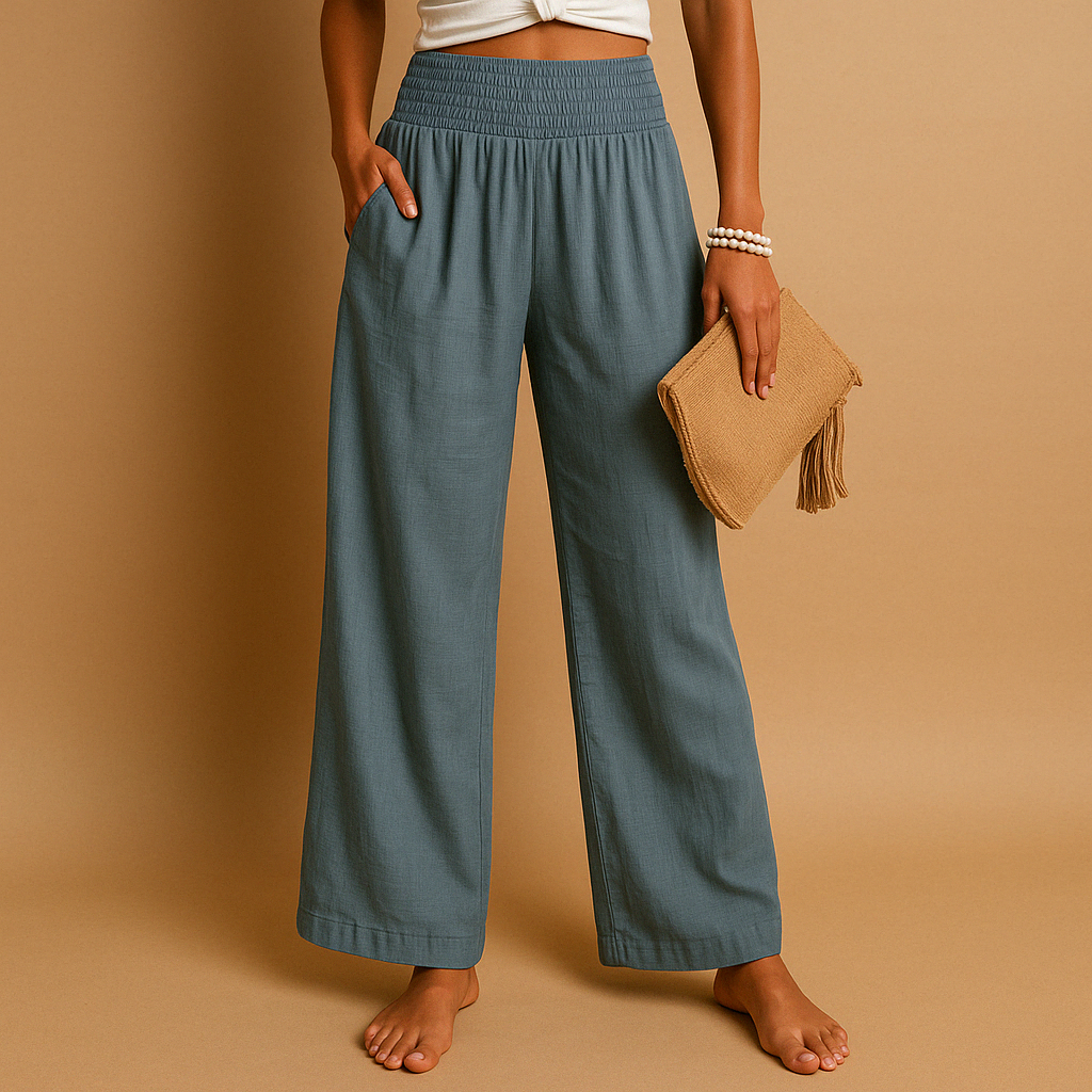Elegante Leinenhose für Damen mit hohem Bund und elastischem Taillenbund