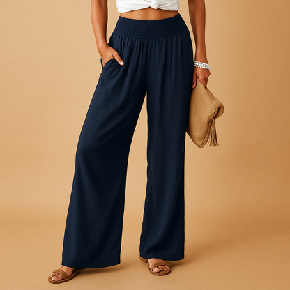Elegante Leinenhose für Damen mit hohem Bund und elastischem Taillenbund