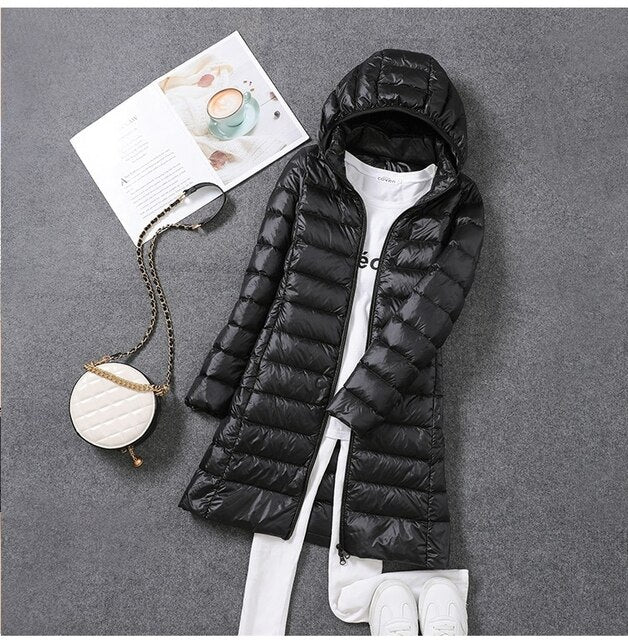 Long Down Jacket with Removable Hood for Women