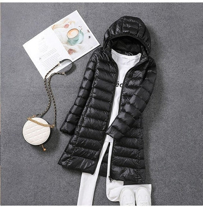 Long Down Jacket with Removable Hood for Women