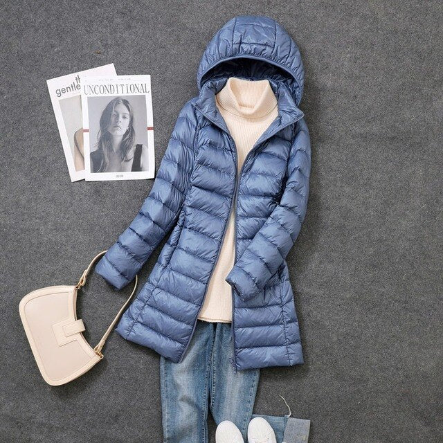 Long Down Jacket with Removable Hood for Women