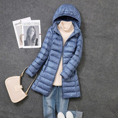 Long Down Jacket with Removable Hood for Women