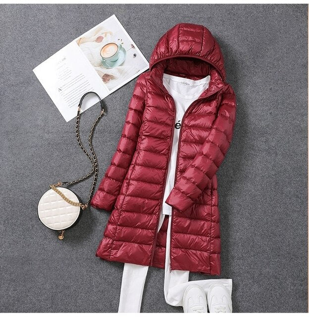 Long Down Jacket with Removable Hood for Women