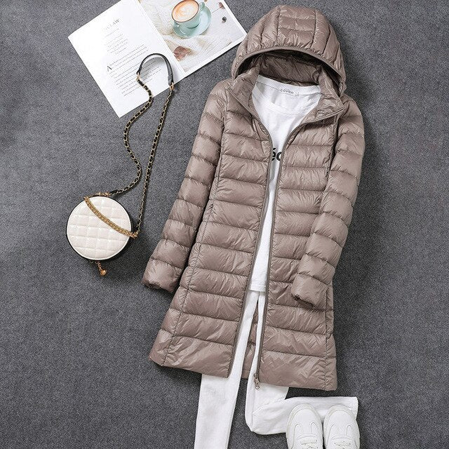 Long Down Jacket with Removable Hood for Women
