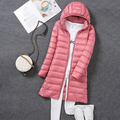Long Down Jacket with Removable Hood for Women