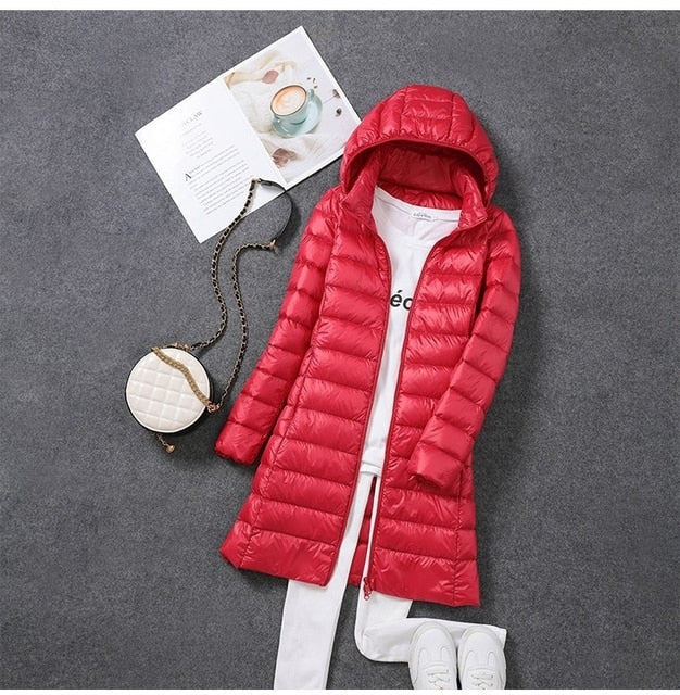 Long Down Jacket with Removable Hood for Women