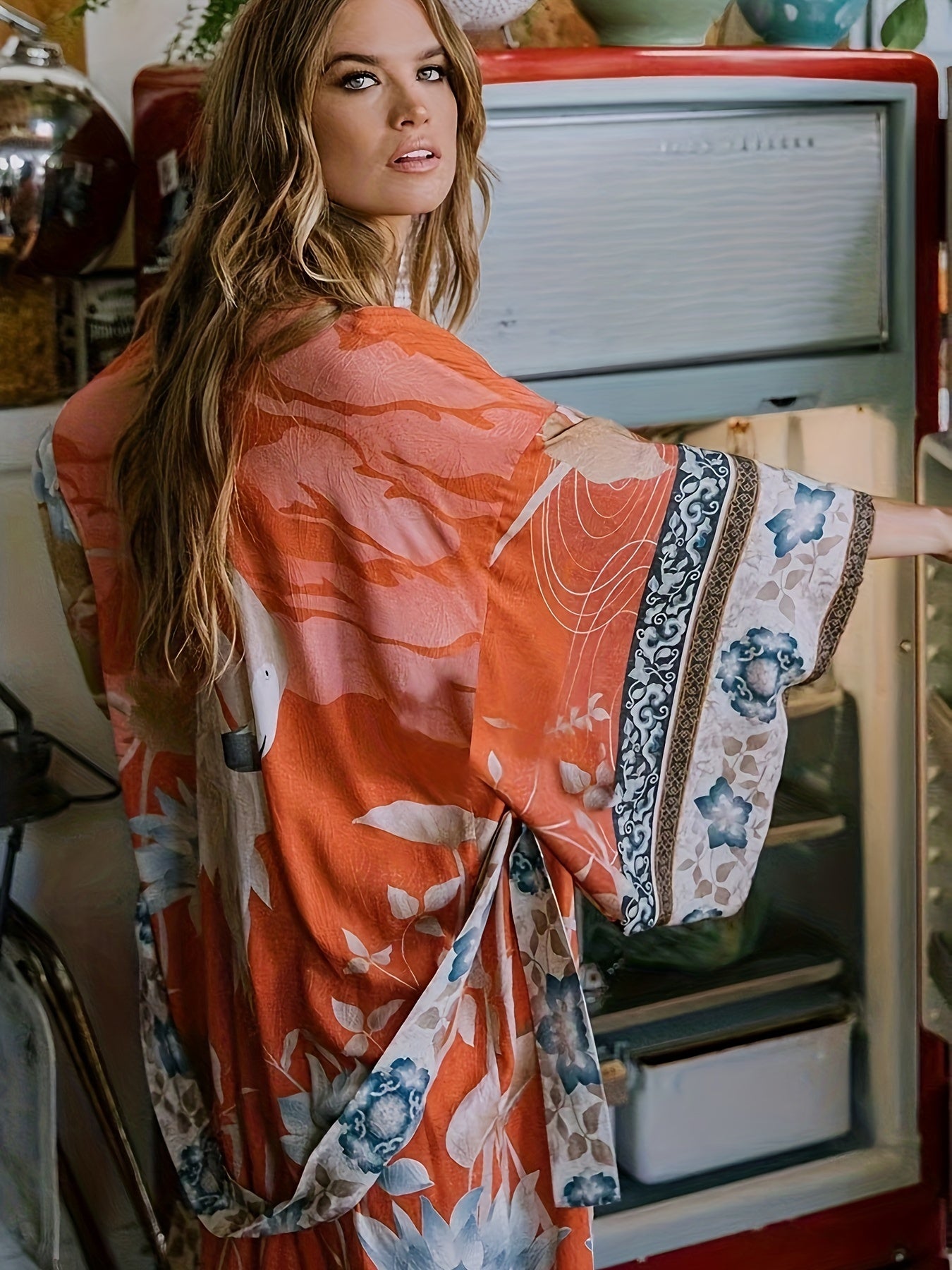 Long kimono with floral print for women - Barbara