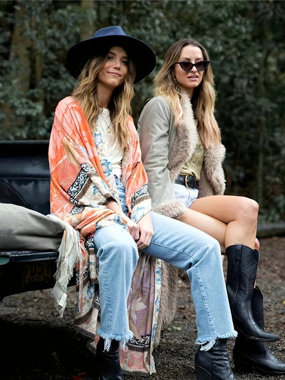 Long kimono with floral print for women - Barbara