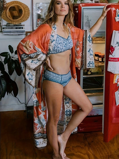Long kimono with floral print for women - Barbara