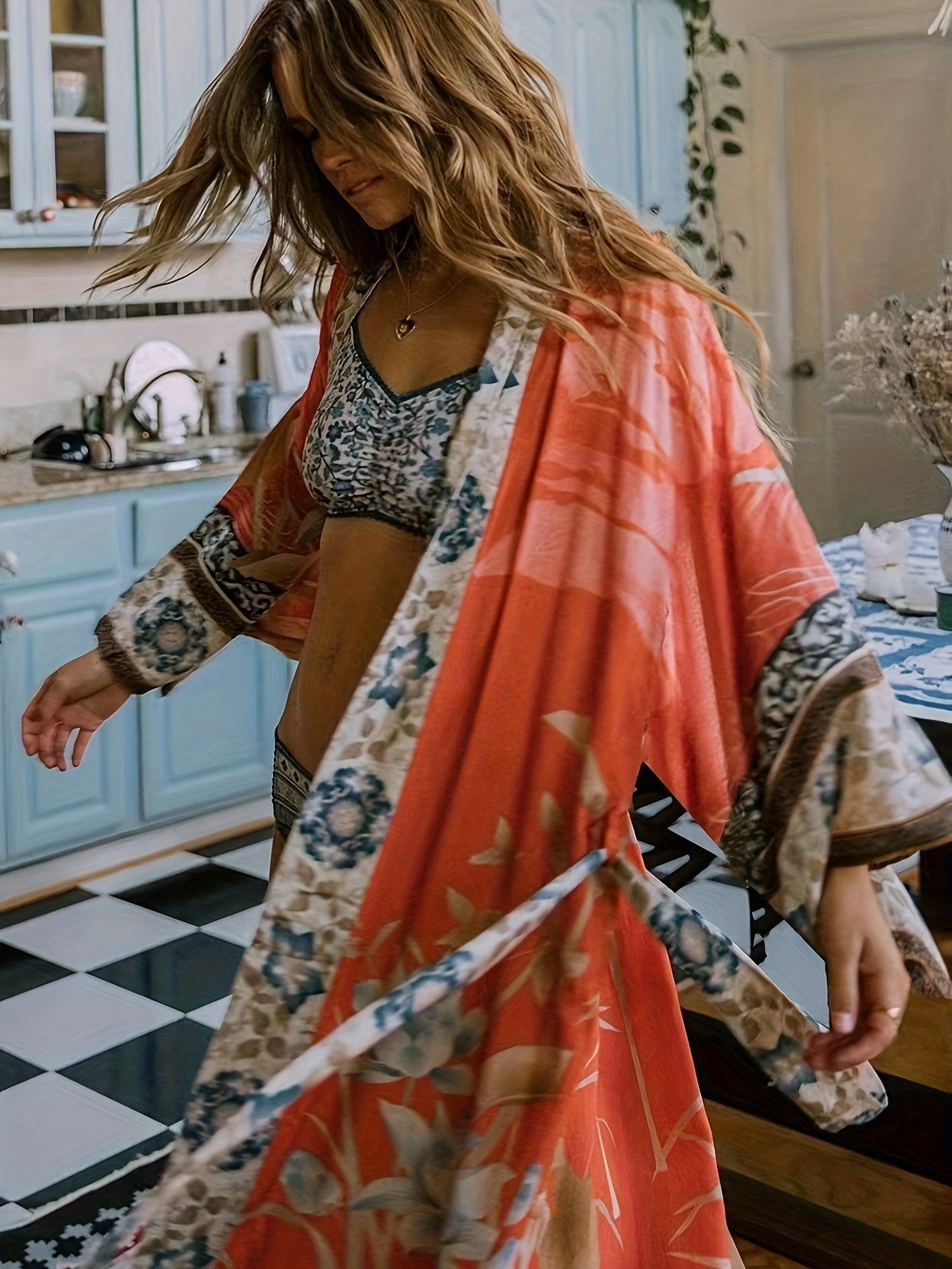Long kimono with floral print for women - Barbara