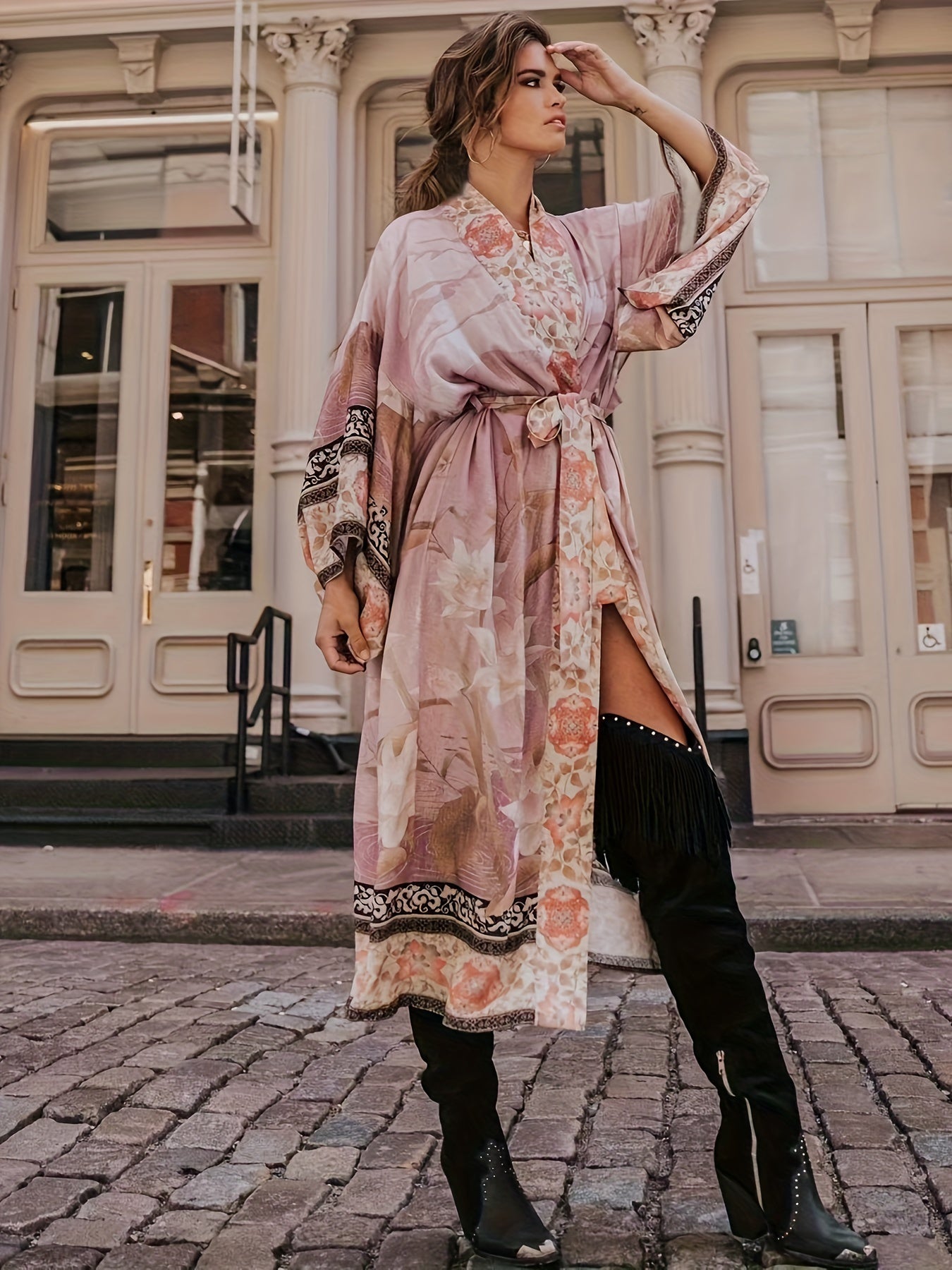 Long kimono with floral print for women - Barbara