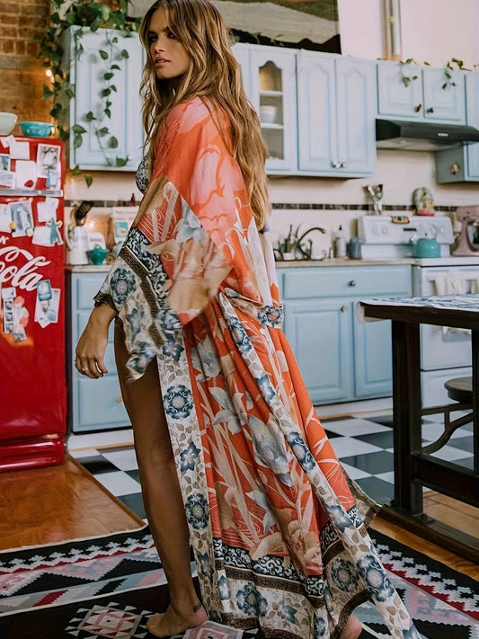 Long kimono with floral print for women - Barbara