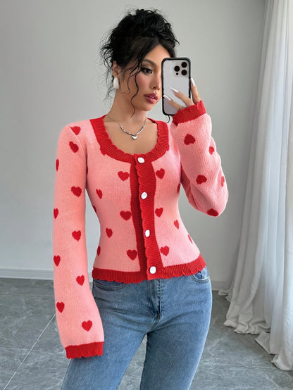 Lotte | Stylish women's cardigan with heart pattern in chic red & pink