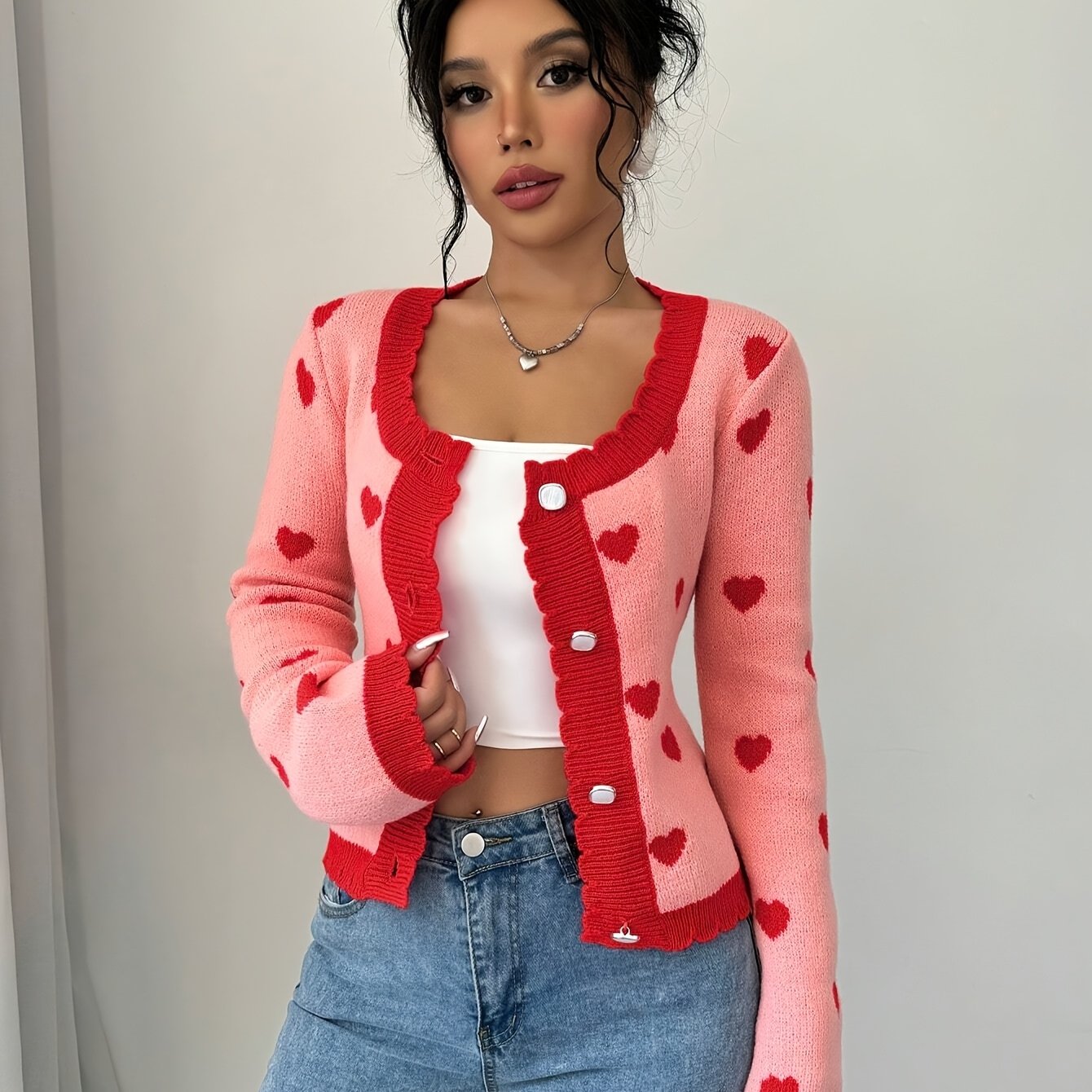 Lotte | Stylish women's cardigan with heart pattern in chic red & pink