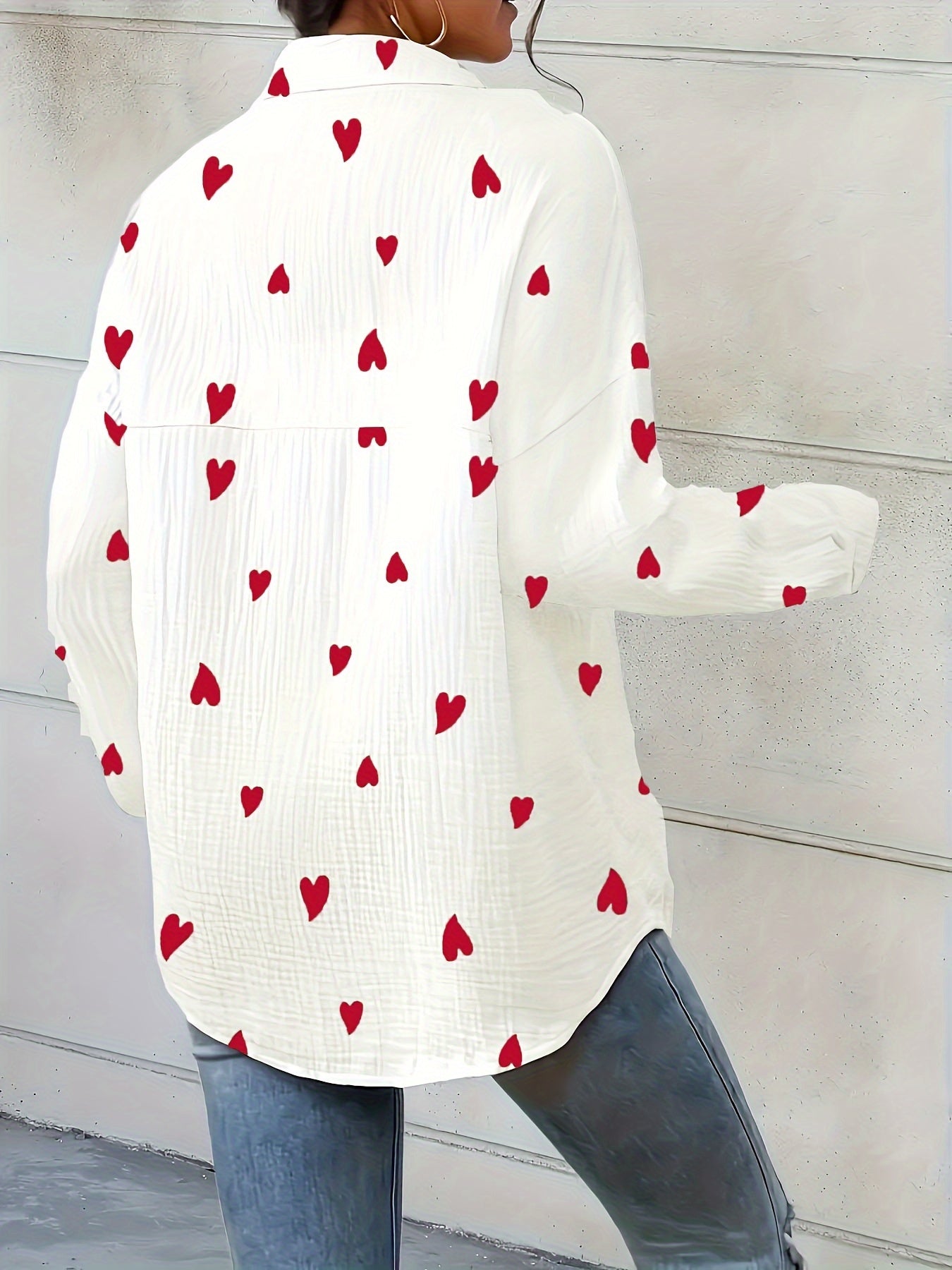 Lotte | Women's Elegant Heart Print Cotton Shirt with Long Sleeves