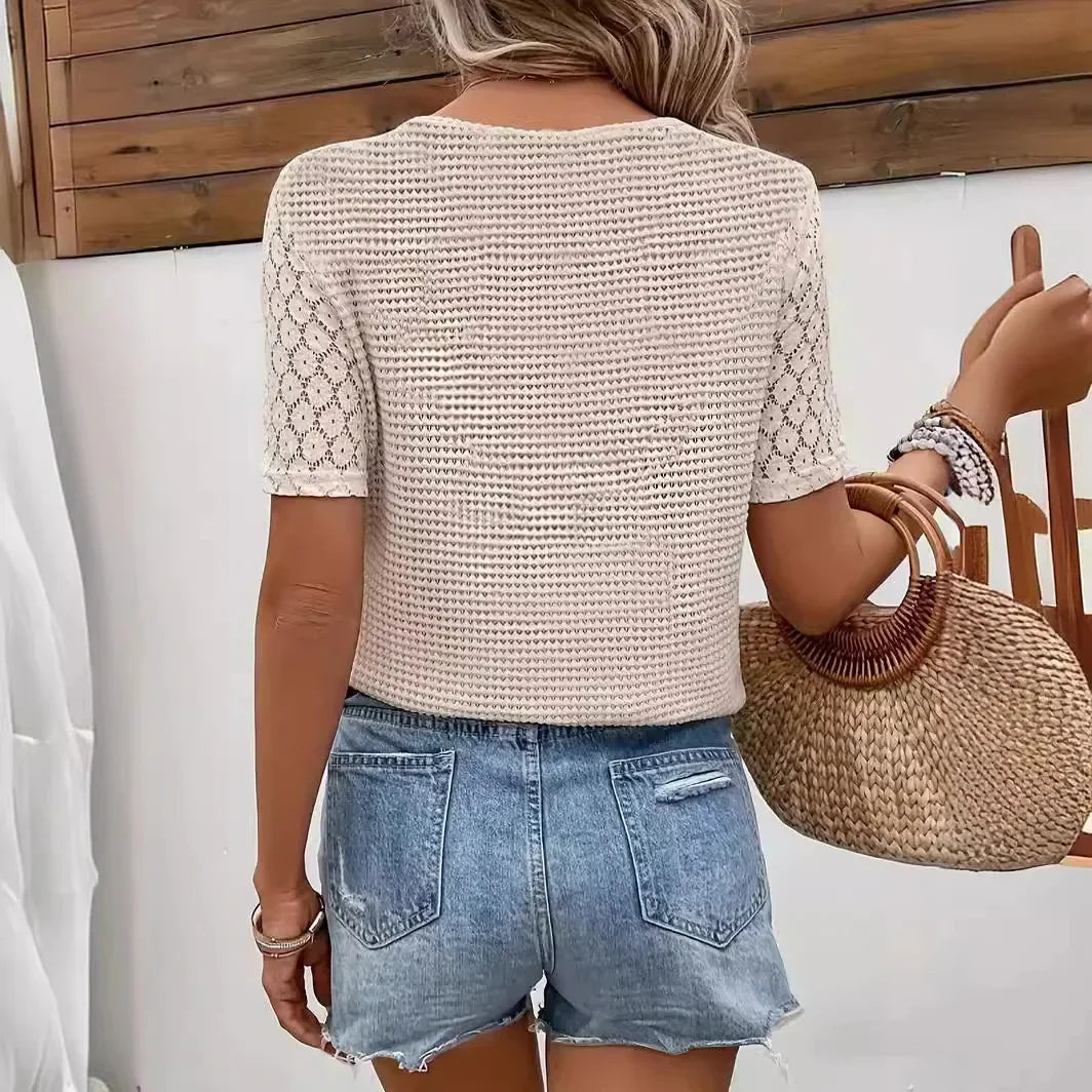 Crochet Top with V Neck and Short Sleeves for Women